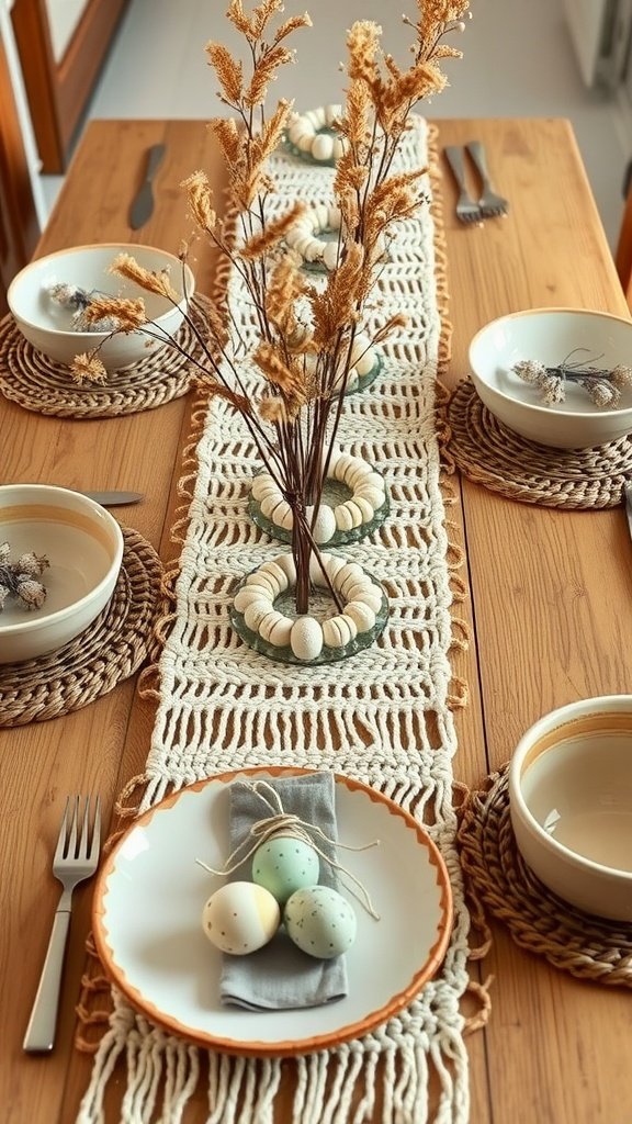 A Boho-inspired Easter table setting with a macramé runner, pastel eggs, and dried flowers.