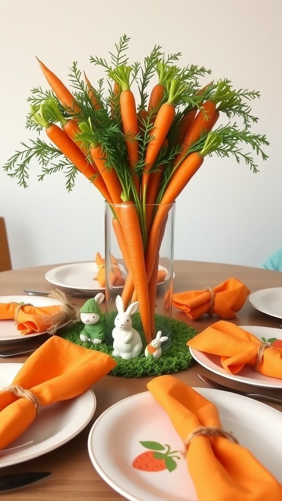 A table set with carrot-themed decor, featuring a vase of carrots, bunny figurines, and orange napkins.