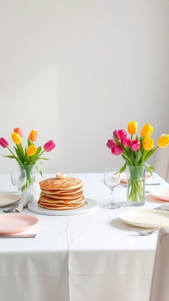 A beautifully set Easter brunch table featuring fresh tulips in vibrant colors and a stack of pancakes.
