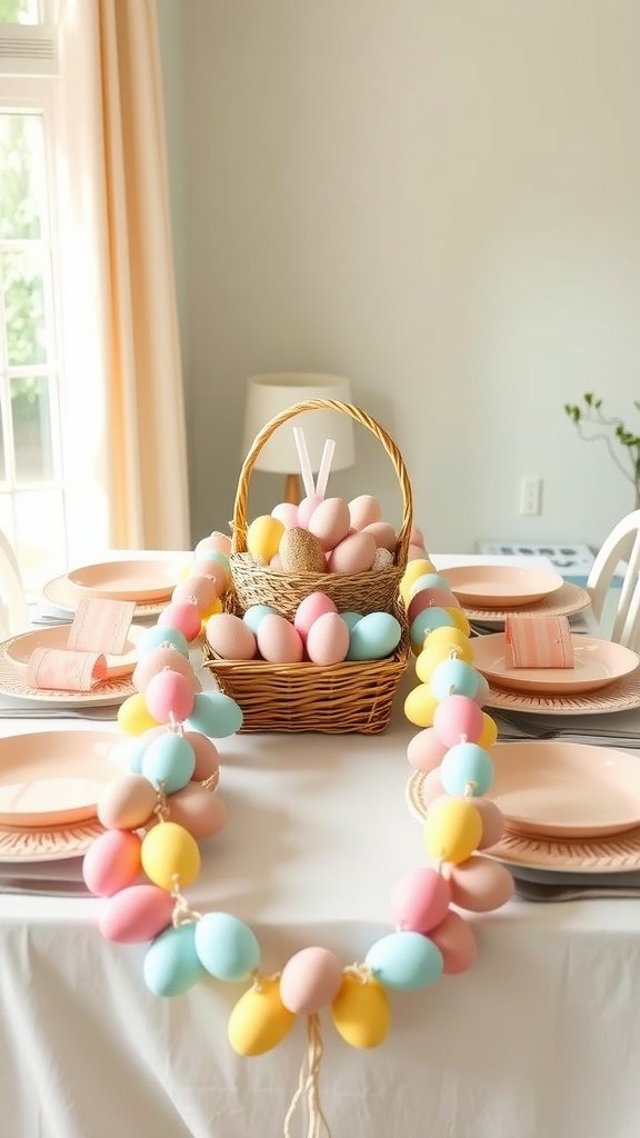 A festive Easter table decorated with an egg garland and a wicker basket filled with colorful eggs.