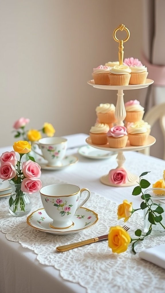 A beautifully arranged Easter tea party table featuring floral teacups, a tiered cupcake stand with pastel cupcakes, and colorful roses.