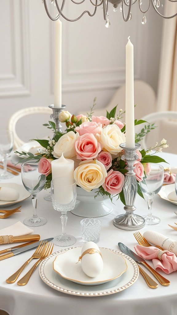 An elegant Easter dinner table setting with flowers, candles, and decorative eggs.