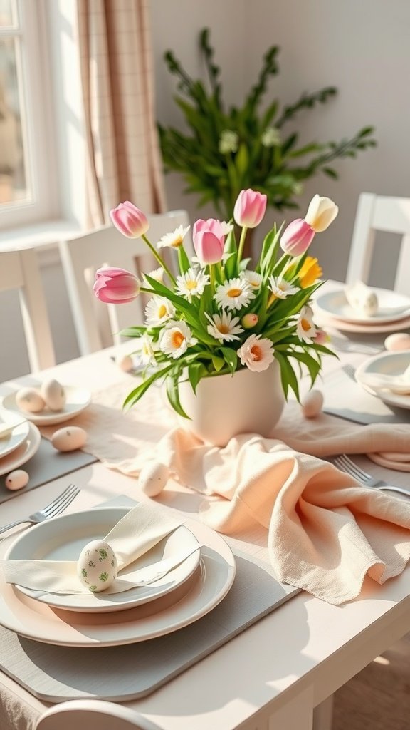 A pastel-themed Easter table setting with flowers, eggs, and elegant dishware