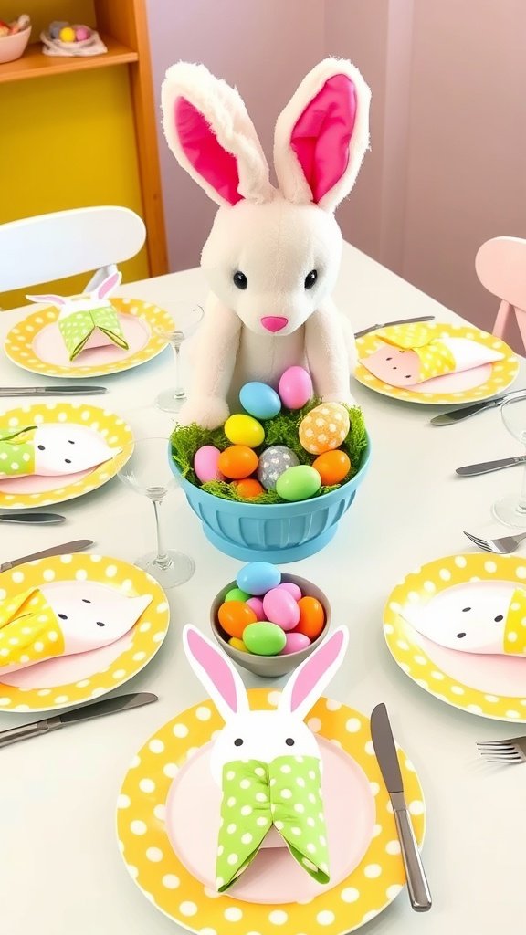 Colorful kids' Easter table setting with bunny centerpiece and playful decorations.
