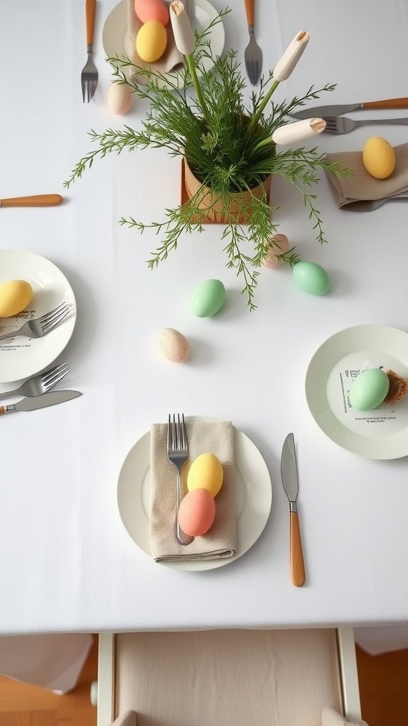 A minimalist Easter table decor with a white tablecloth, a centerpiece of green plants and tulips, and pastel-colored eggs arranged on the table.
