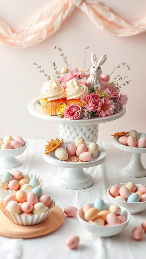 A playful Easter candy table featuring colorful cupcakes, flowers, and pastel-colored eggs.