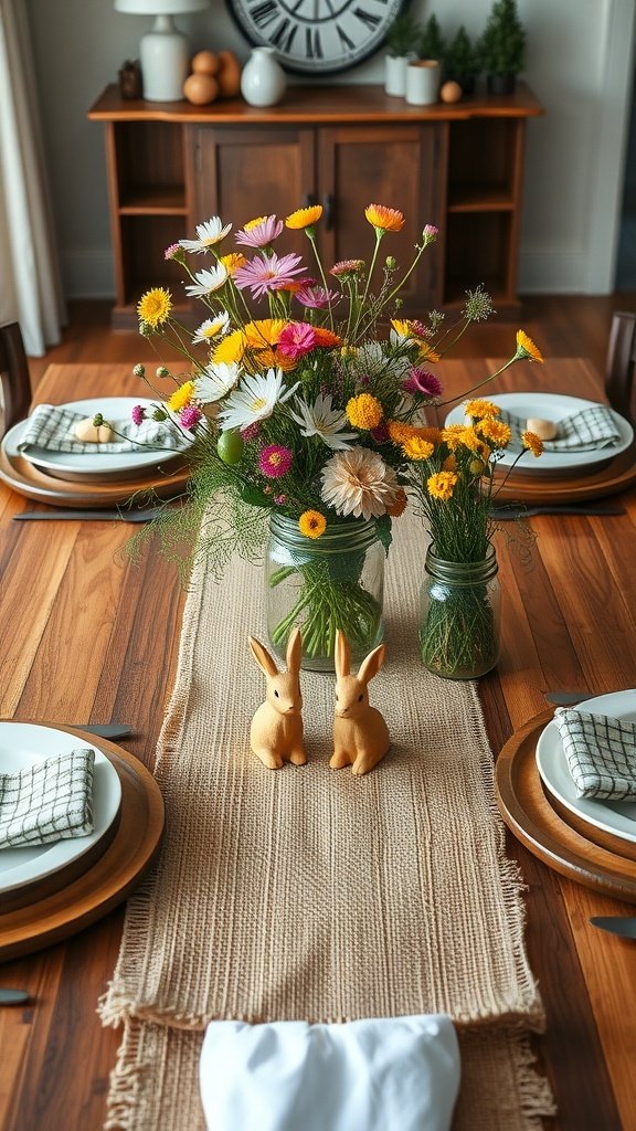A rustic Easter table setting featuring colorful flowers, bunny figurines, and simple tableware