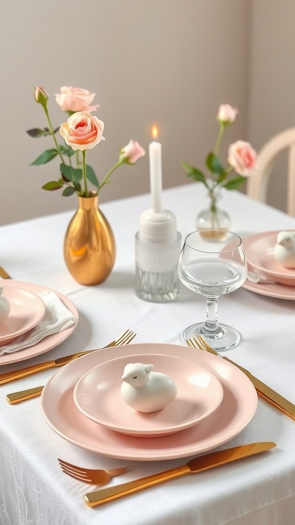 A soft pink and gold Easter table setting with pink roses, a white chick centerpiece, and golden utensils.