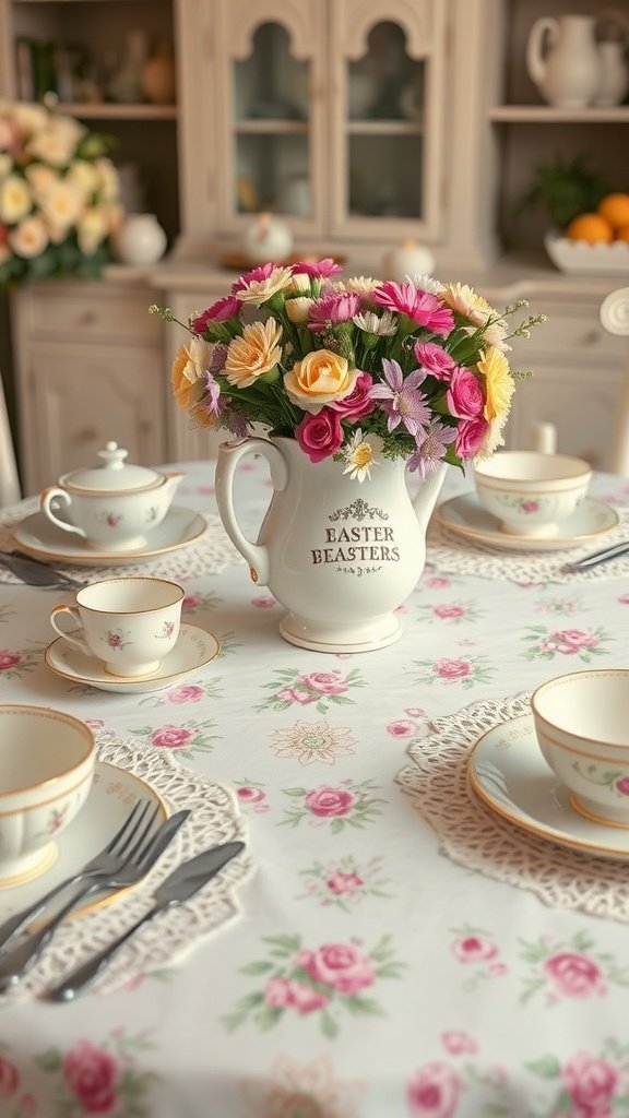 A vintage Easter table setting with floral tablecloth, a pitcher of faux flowers, and elegant teacups.