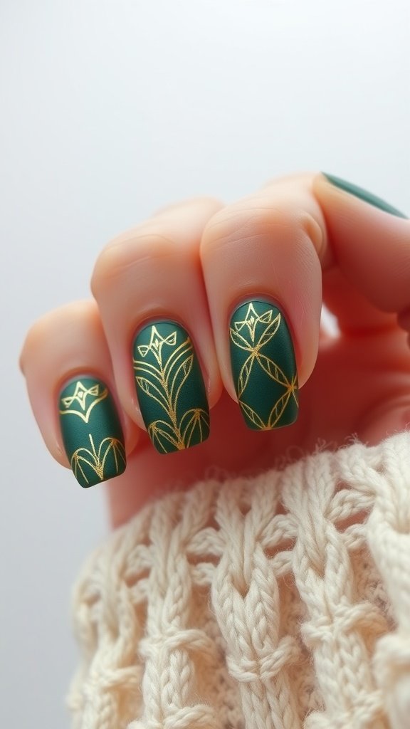 Green and gold Art Deco inspired nail art design.