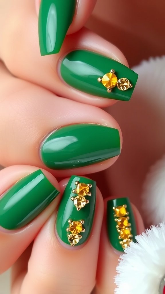 Green nails adorned with gold jewels