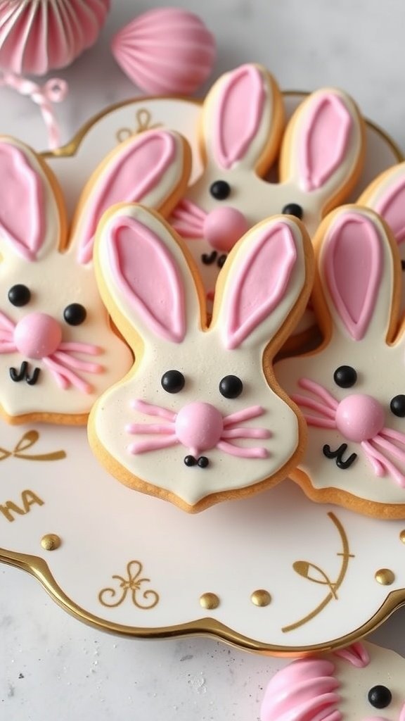 Decorated bunny face cookies with pink noses and whiskers on a decorative plate.
