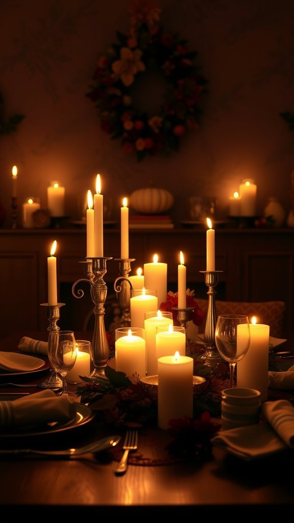 A beautifully arranged Thanksgiving table with candles creating a warm and inviting atmosphere.