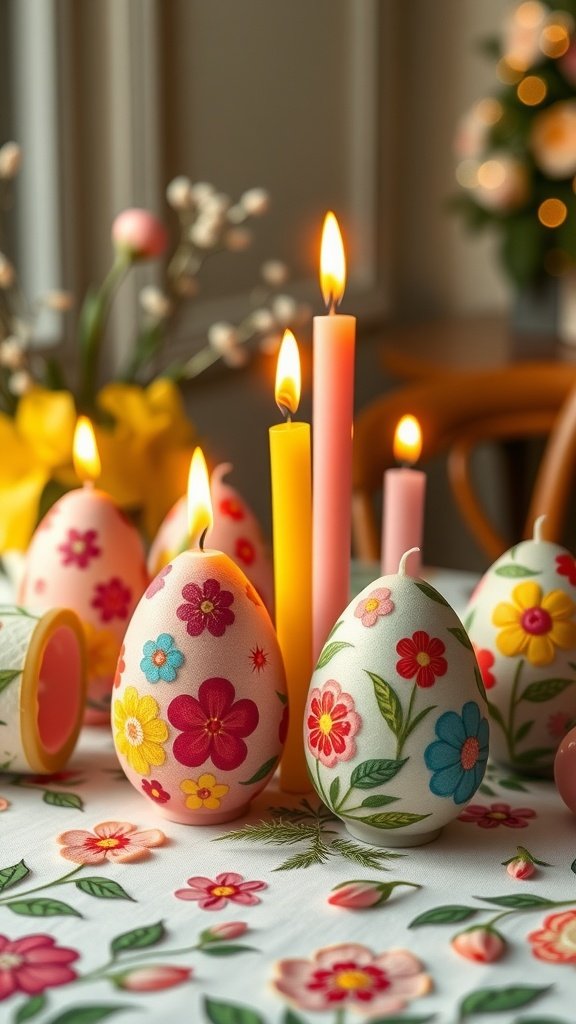 Colorful Easter-themed candles and decorated eggs on a table.