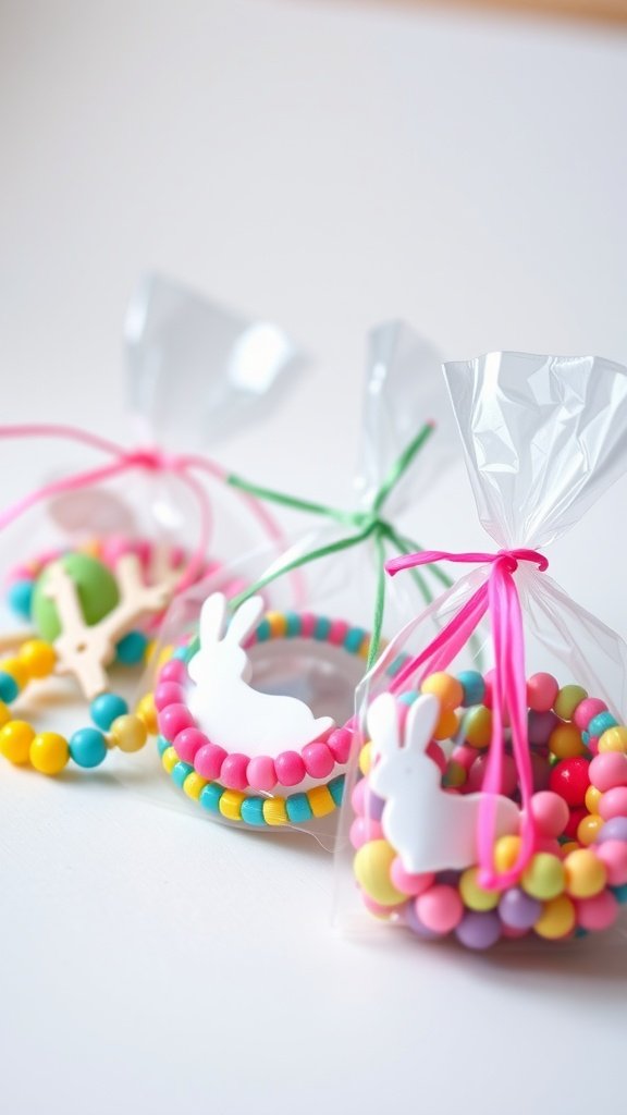 Colorful DIY friendship bracelets in clear bags with bunny charms