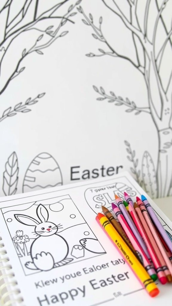 An open Easter-themed coloring book with a bunny illustration next to colorful crayons.