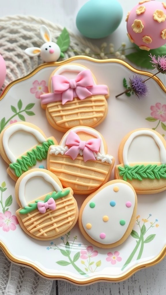 Colorful decorated Easter basket cookies arranged on a plate