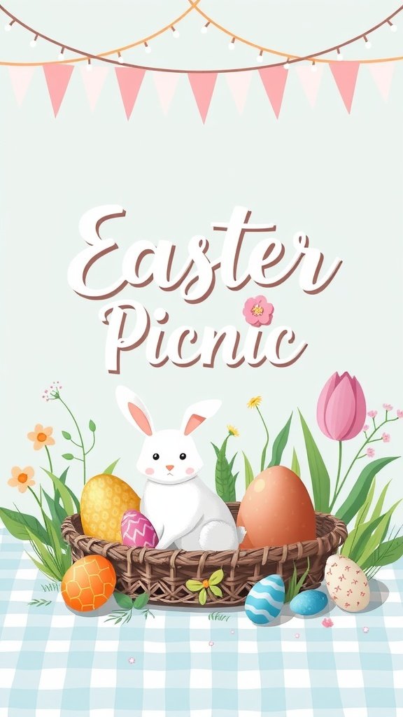 A festive picnic setup for Easter with colorful eggs, a bunny decoration, and a basket.