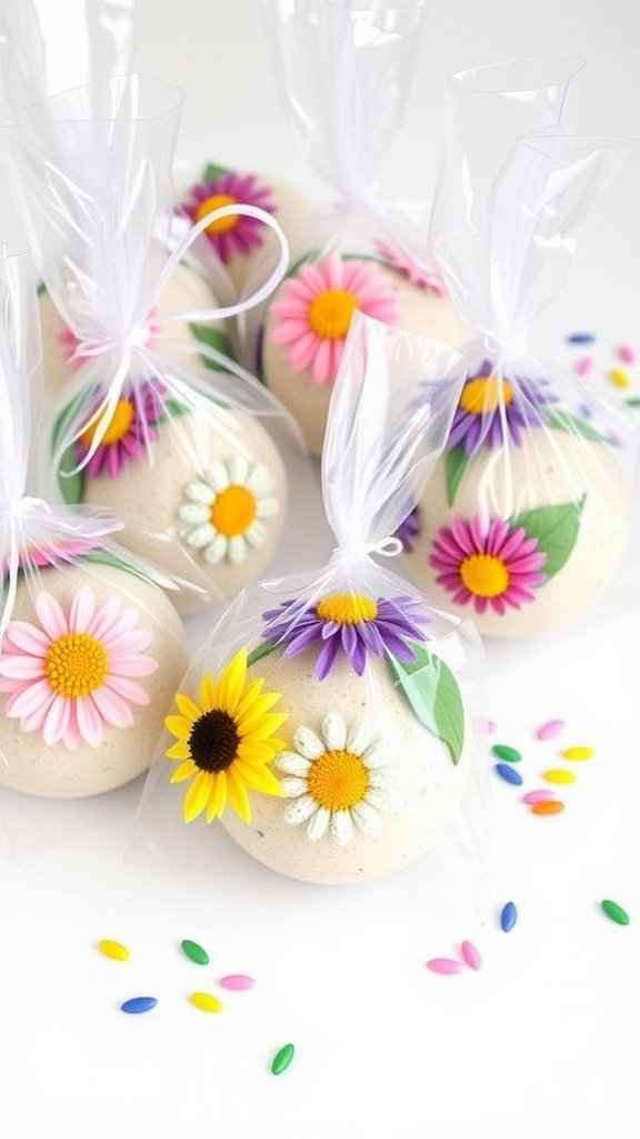 Colorful flower seed bombs in clear bags surrounded by pastel candies.