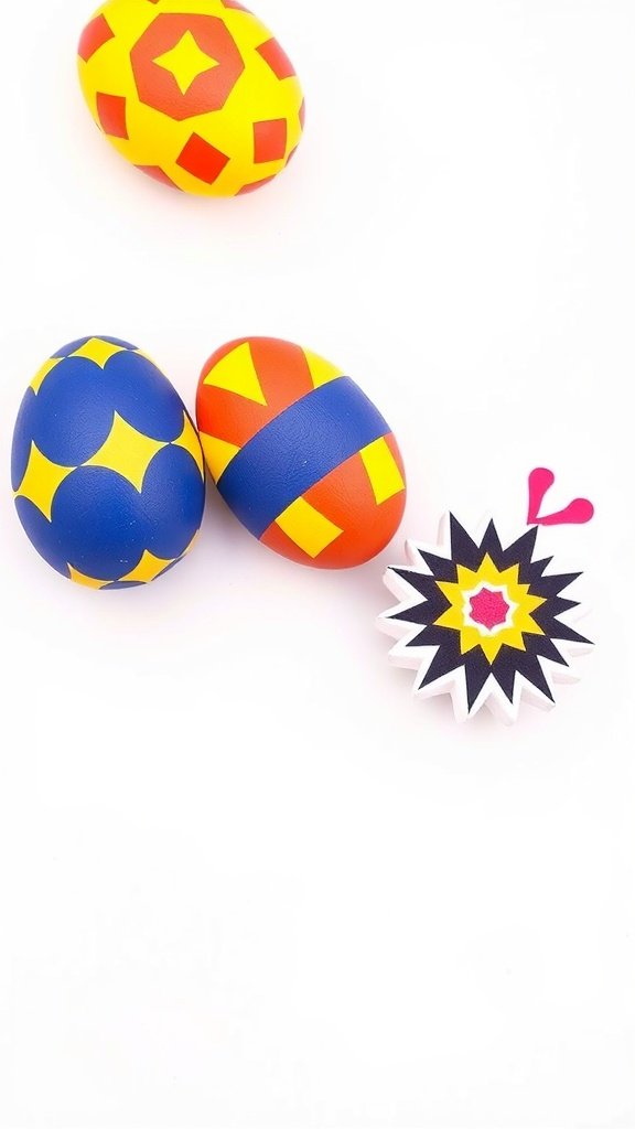 Three colorful geometric patterned Easter eggs