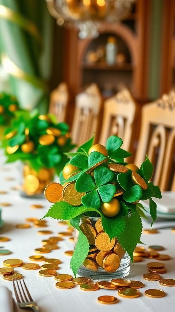A table setting with vases filled with green leaves and gold coins, creating a festive St. Patrick's Day centerpiece.