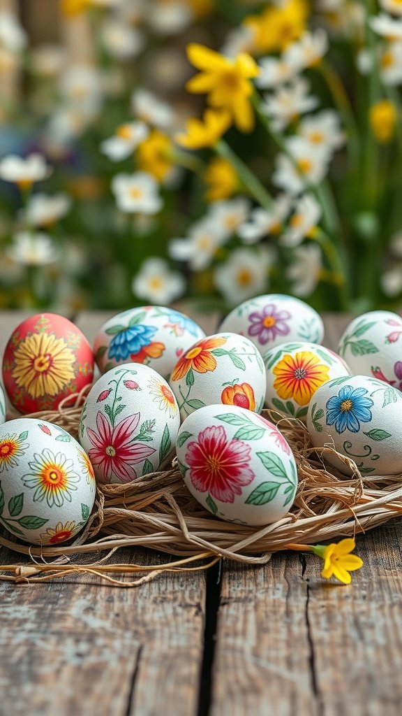 A collection of hand-painted Easter eggs in various floral designs, arranged in a nest of straw.