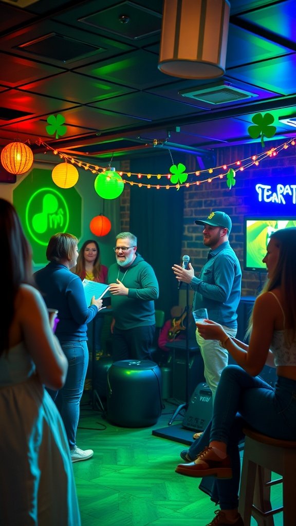 A lively karaoke night with people singing and celebrating St. Patrick's Day