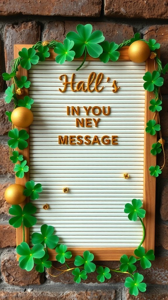 A message board with Irish sayings, decorated with shamrocks and golden accents for St. Patrick's Day.