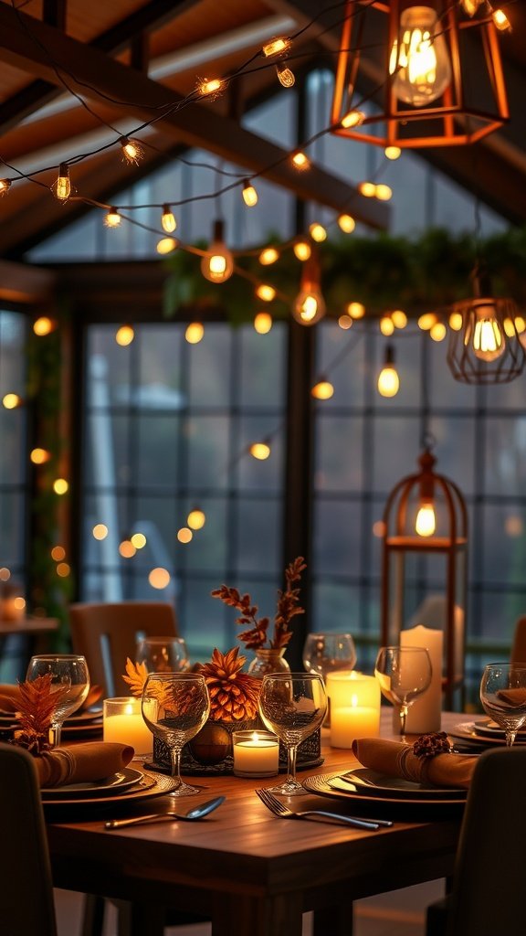 A beautifully set Thanksgiving table with warm lighting, candles, and fall decorations.