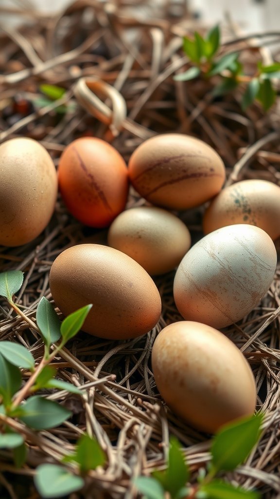 Decorated Easter eggs in earthy tones surrounded by twigs and green leaves.