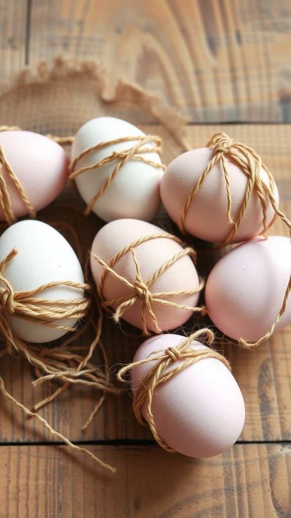 Easter eggs wrapped in twine on a burlap background