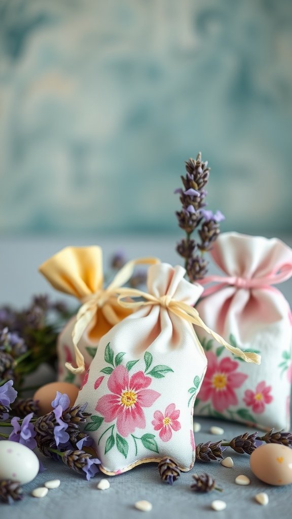 Colorful scented sachets with floral designs filled with lavender and surrounded by flowers and decorative eggs.