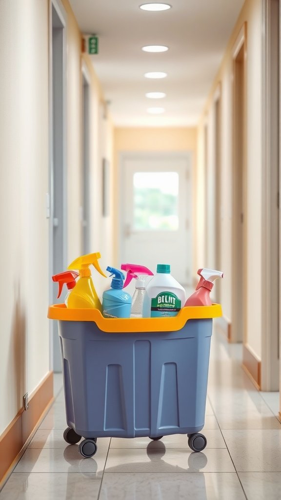 A cleaning caddy filled with colorful cleaning supplies on wheels in a hallway.