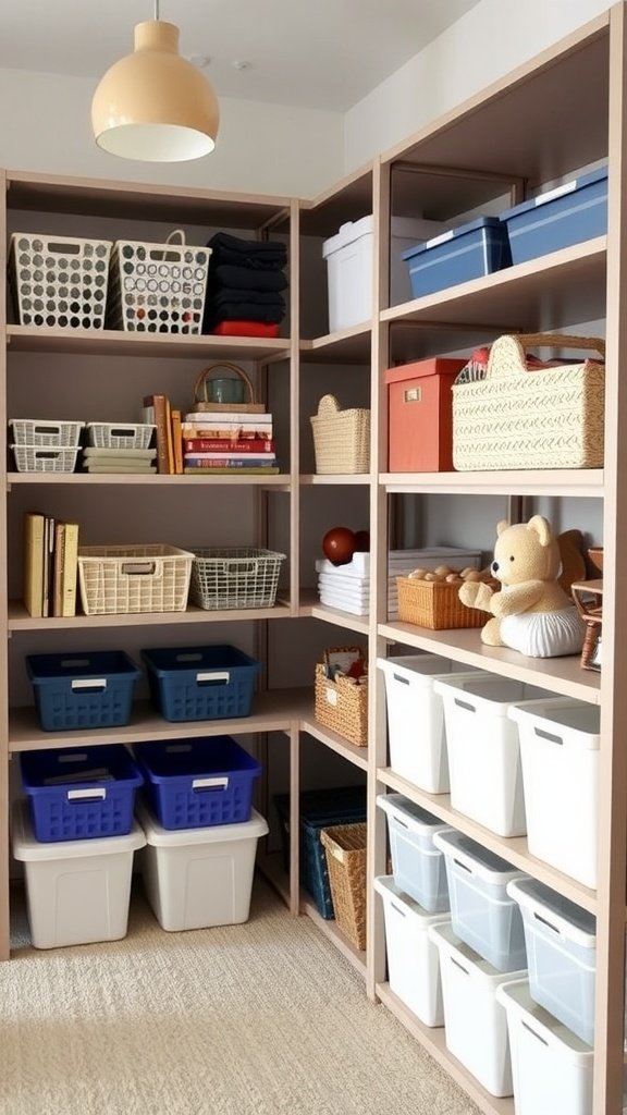 Organized storage area with various baskets and bins on shelves.
