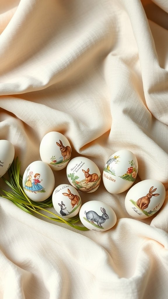 Easter eggs decorated with vintage storybook illustrations of bunnies and children.