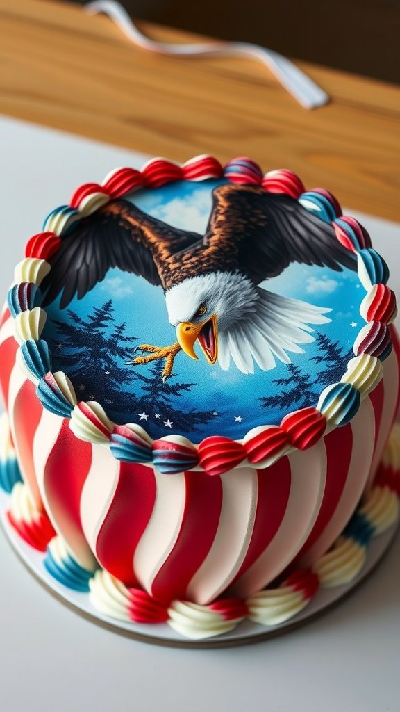 A decorated cake featuring an eagle design on top, with red and white stripes around the sides.