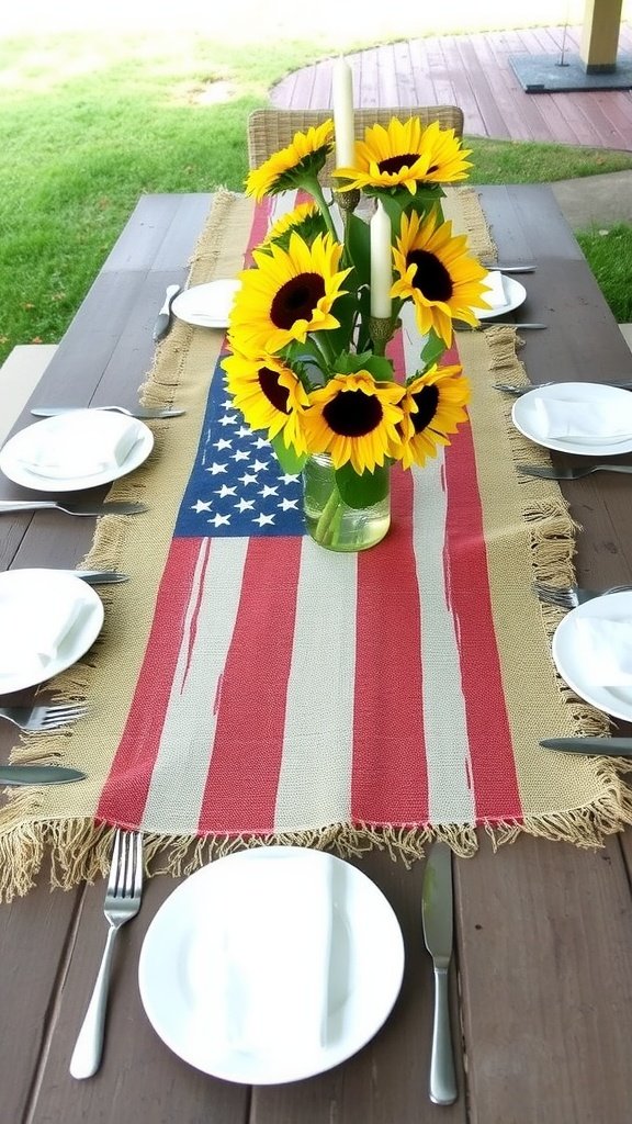 Burlap table runner with American flag design, adorned with sunflowers and table setting.