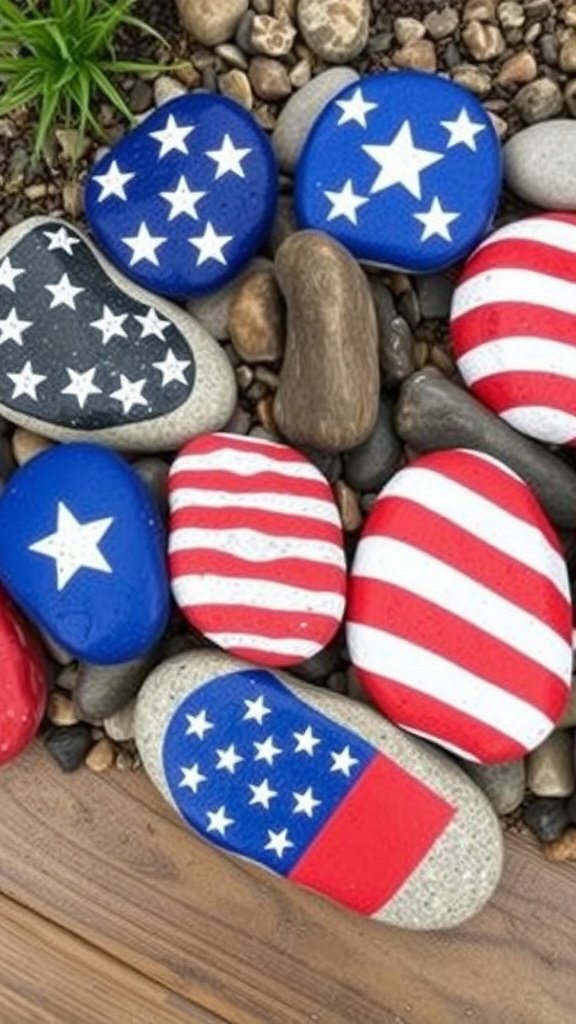 Colorfully painted rocks featuring American flag designs
