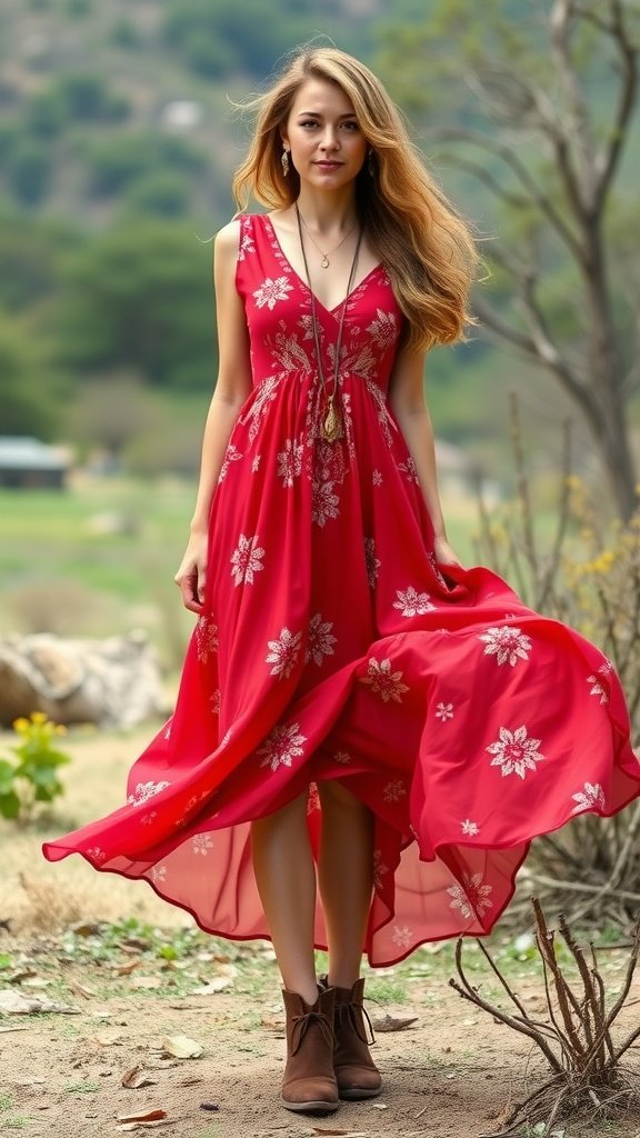 A woman in a red floral dress with ankle boots, standing outdoors.