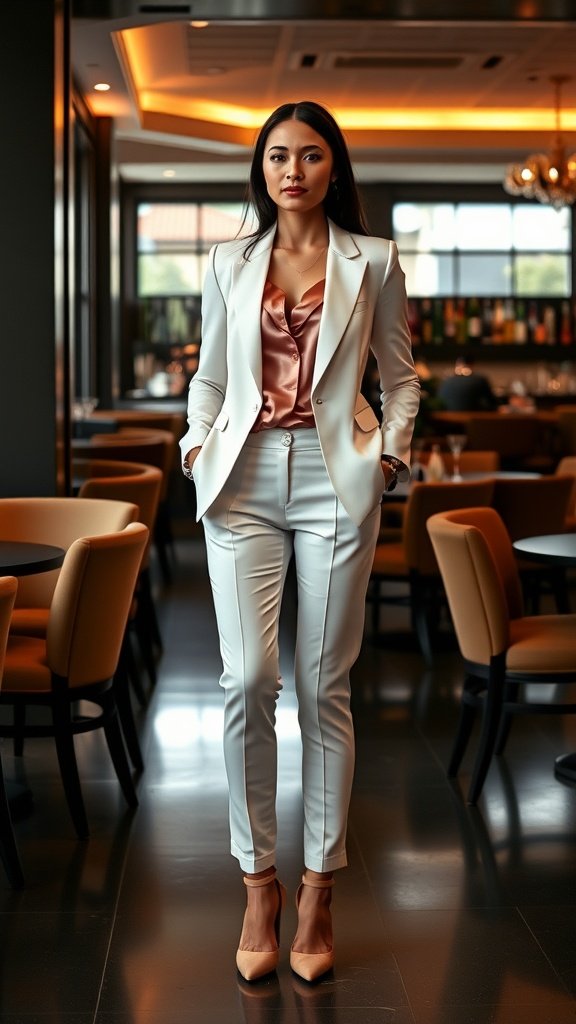A woman in a chic white suit and satin top standing in a stylish restaurant.