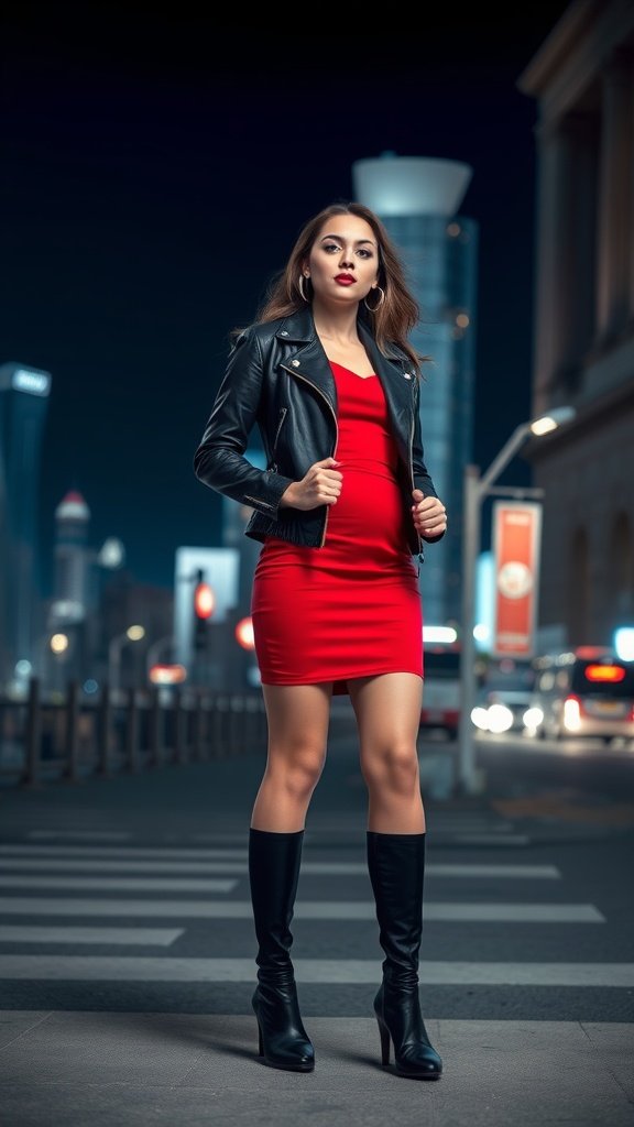 A person in a red dress and black leather jacket, styled for an edgy look.