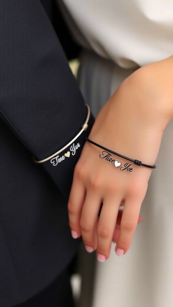 Close-up of two engraved matching bracelets on hands, one with the text 'Always You' and the other with 'Forever Mine'.