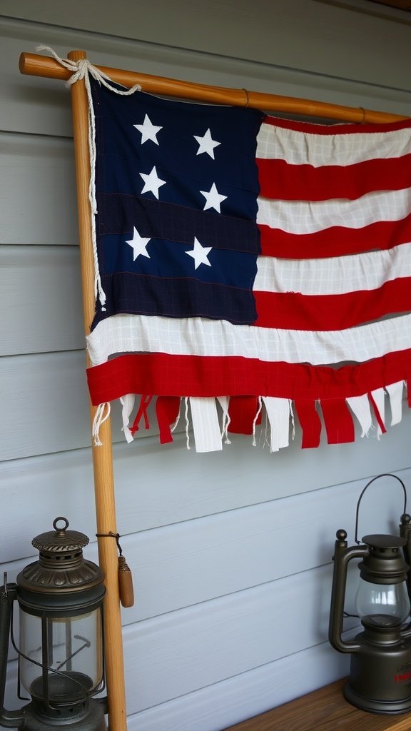 A fabric rag American flag wall hanging displayed outdoors.