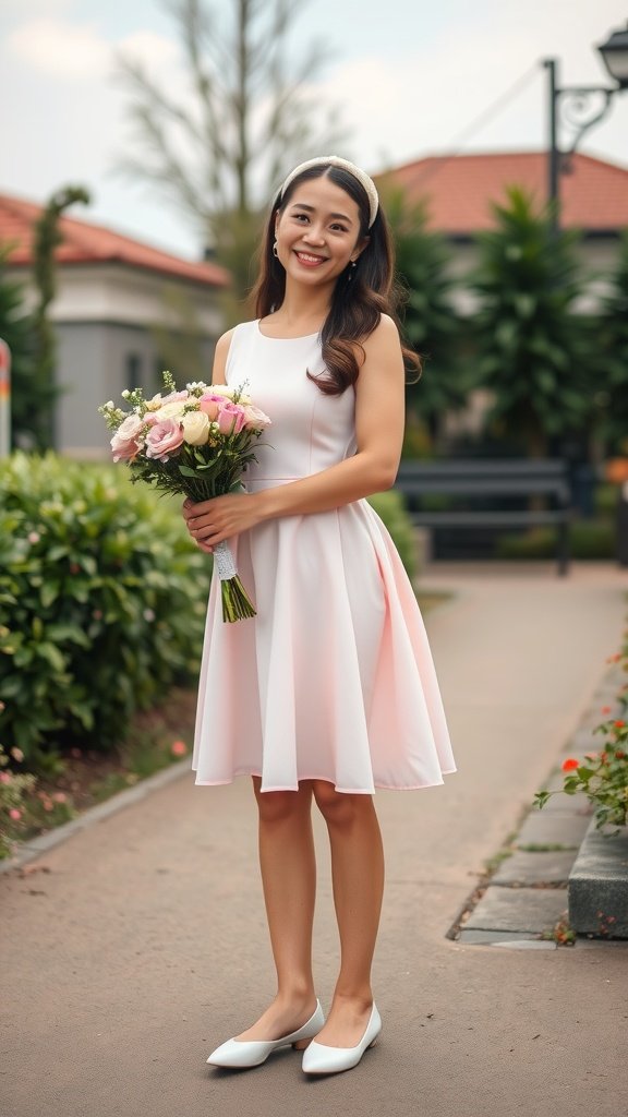 A woman in a light pink dress holding a bouquet of flowers, standing in an outdoor setting.