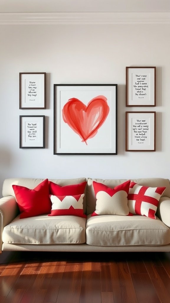 A cozy living room featuring heart-themed wall art and decorative pillows.