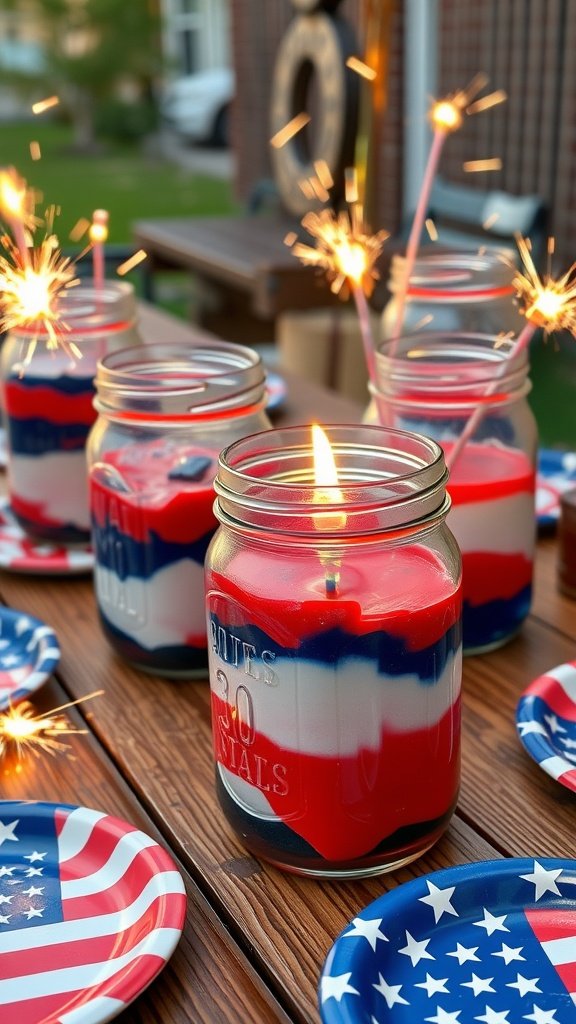 Colorful red, white, and blue layered candles in mason jars, with sparklers, set on a wooden table.