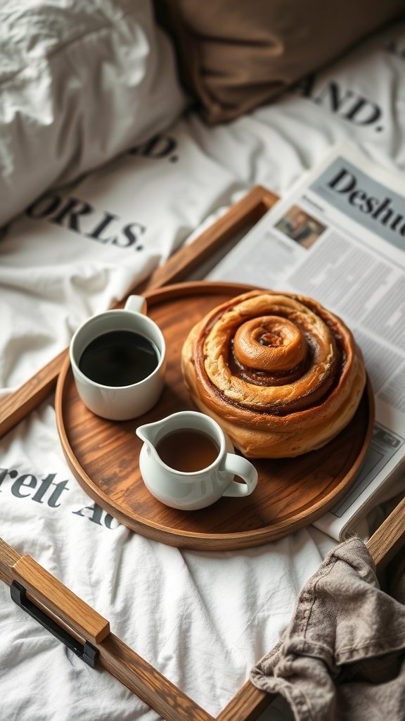 A cozy breakfast in bed scene featuring a cinnamon roll, coffee, and cream on a wooden tray.
