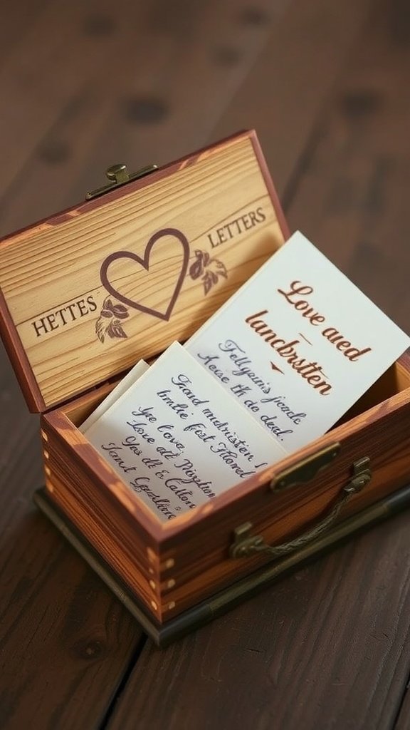 A wooden keepsake box with the words 'LETTERS' and a heart design, containing handwritten love letters.