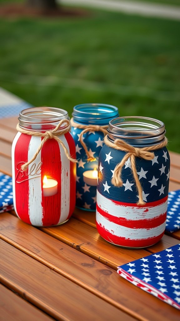 Three mason jars painted like American flags with candles inside, placed on a wooden table