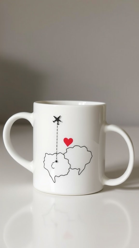 A white mug featuring an outline of two locations connected by a dotted line, with an airplane and a heart symbol.